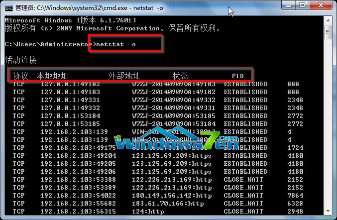 输入“netstat -o”命令